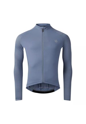 Herren langärmliges, eng anliegendes Radtrikot in gedämpftem Blau mit durchgehendem Frontreißverschluss und dezentem Logo auf der Brust.