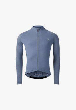 Men's long-sleeve, slim-fit cycling jersey in muted blue with full front zipper and subtle logo on the chest.