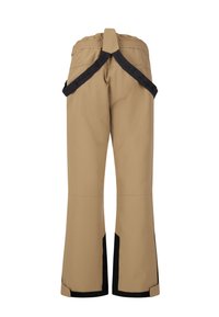 Tan waterdichte broek met een zwart onderpaneel, elastische tailleband en verstelbare banden aan de achterkant. Glad textuur, uitlopende vorm.