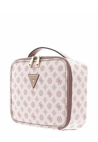 Borsa cosmetica rosa chiaro con dettagli in metallo dorato, caratterizzata da un motivo intrecciato e un logo triangolare come accento. Chiusura con cerniera e manico.