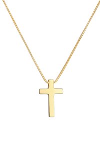 Gold-tone cross pendant on a fine chain necklace, featuring a minimalist design with a polished finish and smooth edges.