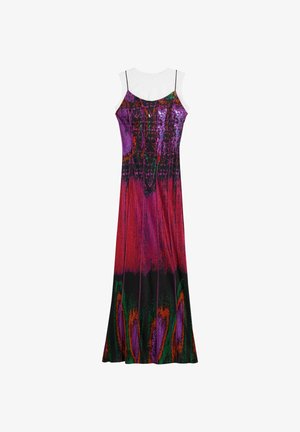 Lange mouwloze jurk met dunne bandjes, voorzien van een levendig abstract patroon in rood, paars, zwart, groen en oranje.