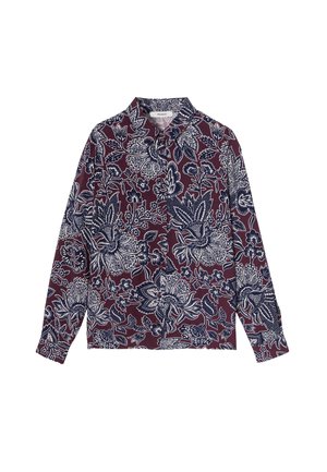 Chemise à manches longues en bordeaux foncé avec un motif floral blanc. Dotée d'un col et d'une fermeture à boutons. Tissu léger avec une texture lisse.
