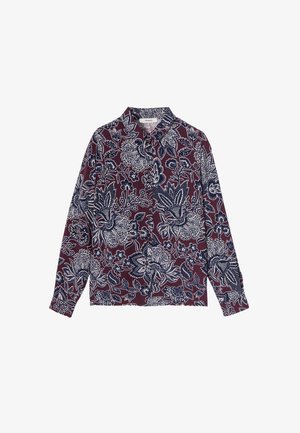 Chemise à manches longues en bordeaux foncé avec un motif floral blanc. Dotée d'un col et d'une fermeture à boutons. Tissu léger avec une texture lisse.