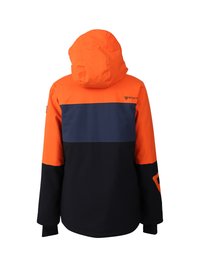 Giacca con cappuccio a blocchi di colori arancione brillante, blu navy e nero, con maniche lunghe e logo "Brunotti" sulla parte superiore della schiena.