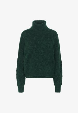 Fetter grüner Rollkragenpullover mit strukturiertem Strickmuster, geripptem Kragen und Bündchen sowie einem leicht lockeren Sitz.