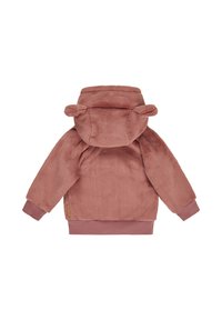 Pink fleece hoodie with bear ears on the hood. Features a soft texture, ribbed cuffs and hem, and a small brand tag on the side.