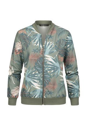 Veste bomber de couleur vert clair, ornée d'un motif floral en bleu et rose. Le matériau a une texture lisse, avec une fermeture éclair à l'avant et des poignets côtelés.