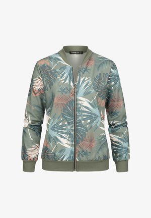 Bomberjakke i lys grønn, med et blomsterdesign i blått og rosa. Materialet har en jevn tekstur med en glidelås foran og ribbestrikkede mansjetter.