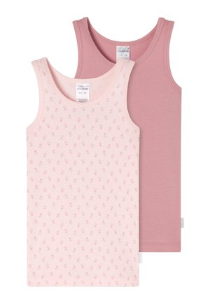 Zwei ärmellose Baumwoll-Tanktops für Kinder, eines einfarbig in staubigem Rosé und eines hellrosa mit kleinen Blumenmustern.