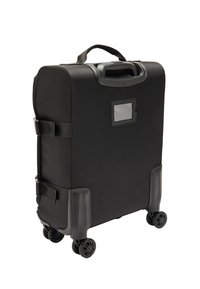 Czarna walizka na kółkach wykonana z trwałego materiału, charakteryzująca się prostokątnym kształtem, górnym uchwytem, paskami na ramię oraz czterema kółkami ułatwiającymi przemieszczanie.