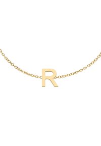 Gold chain necklace featuring a prominent, polished letter "R" pendant. The chain consists of interlinked oval links, smooth texture.