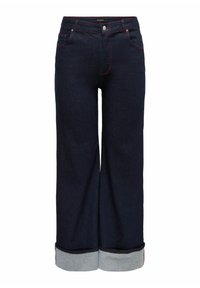 Temno modre široke jeans hlače z rdečim šivom, petimi žepi in sivo detajlno manšeto na spodnjem robu. Klasični gumb in zadrga.