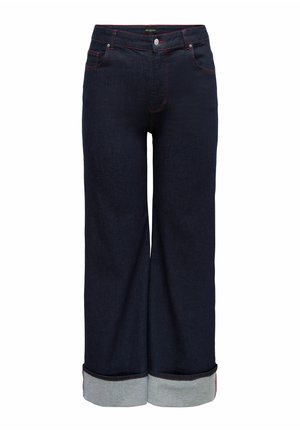 Temno modre široke jeans hlače z rdečim šivom, petimi žepi in sivo detajlno manšeto na spodnjem robu. Klasični gumb in zadrga.