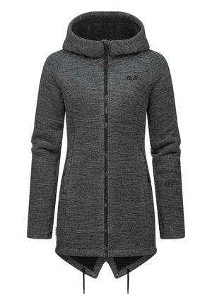 Long grey hoodie jacket with a textured pattern, zipped front, and drawstring hem; features side pockets and a lined hood.