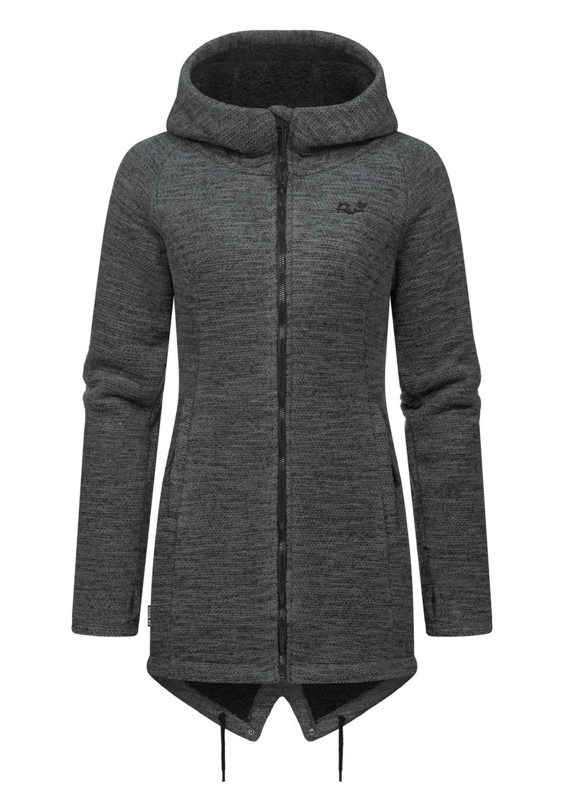 Lång grå hoodie-jacka med en strukturerad mönster, dragkedja fram och snörning i nederkant; har sidofickor och en fodrad huva.
