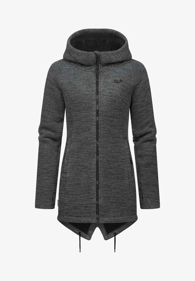 Pikk hall kapuutsiga jakke tekstureeritud mustriga, ees lukuga ja nööriga äärega; omab küljetaskuid ja vooderdatud kapuutsi.