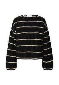 Maglione lavorato a maglia con strisce orizzontali nere e crema, scollatura rotonda e spalle ribassate con una finitura testurizzata. Lunghezza corta.