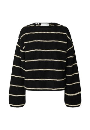 Brede gebreide trui met zwarte en crèmekleurige horizontale strepen, ronde halslijn en verlaagde schouders met een gestructureerde afwerking. Verkorte lengte.