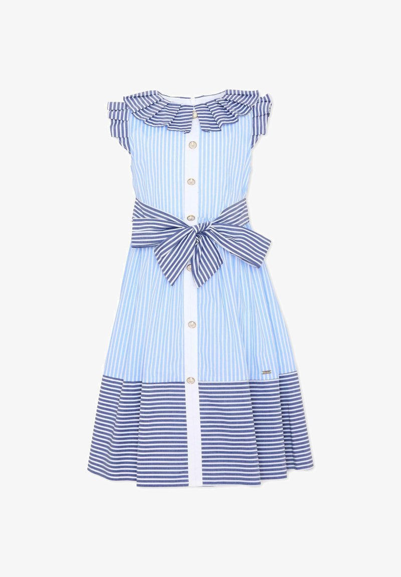 Blauw-wit gestreepte mouwloze jurk met gerufflede kraag, knoopsluiting aan de voorkant en brede gestreepte strikriem in de taille.