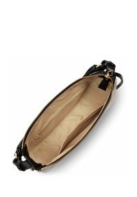 Borsa a tracolla nera in pelle con zip dorata, dotata di un interno in tessuto beige con una tasca con zip e due tasche aperte per l'organizzazione.