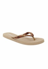 Chanclas marrones y beige con suela texturizada, que presentan tiras tejidas en un patrón de rayas y un diseño de tira de goma flexible.