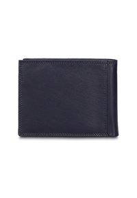 Portafoglio in pelle blu navy con texture liscia, design a doppia piega e dettagli di cuciture visibili. Forma compatta e rettangolare.