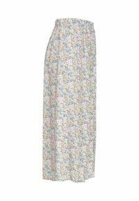 Florale maxi rok van lichtgewicht stof, met een pastelpatroon van bloemen in roze en blauwe tinten, voorzien van een elastische tailleband.