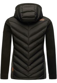 Black insulated jacket with a chevron-patterned upper, fleece sleeves, and hood. Features a logo on the upper left and hem accents.