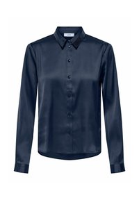 Navyblauwe satijnen blouse met een klassieke kraag, lange mouwen, sluiting met knopen aan de voorkant en een licht afgeronde onderrand. Gladde textuur.