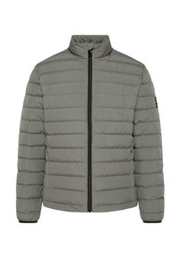 Gray puffer jacket with a high collar, zipper front, and quilted design. Features elastic cuffs and a logo accent on the left sleeve.