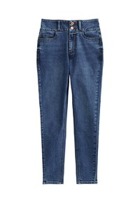 Jeans de mezclilla azul oscuro con cintura alta, ajuste Slim, cierre de dos botones y trabillas para cinturón. Presenta costuras clásicas y piernas rectas.