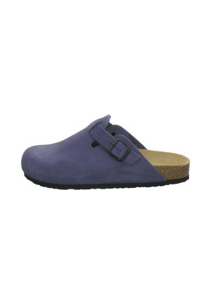 Closed-back purple suede slip-on clog with adjustable buckle strap and cork footbed, black sole, shown in side view.