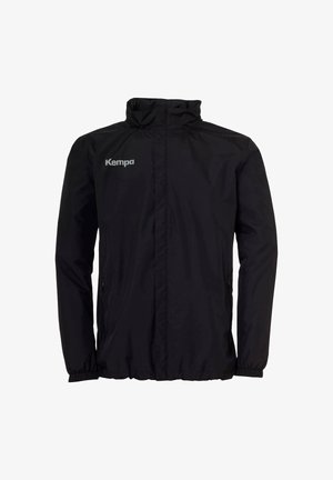 Zwarte lichtgewicht jas met een hoge kraag, elastische manchetten en twee zijzakken. Voorzien van een logo op de linkerborst. Zachte, gladde textuur.