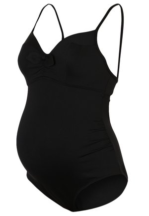 Črn nosečniški kopalni kostim z nastavljivimi naramnicami, nabrano stranjo in poudarkom na bustu v obliki pentlje. Gladko, raztegljivo blago.