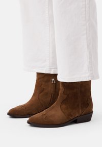 Stivali ankle in suede marrone con punta appuntita, ritagli decorativi, zip laterali e tacchi a blocco bassi, abbinati a pantaloni bianchi.