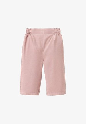 Lichtroze, knielange corduroy shorts met een elastische tailleband en zonder zichtbare zakken of versieringen.