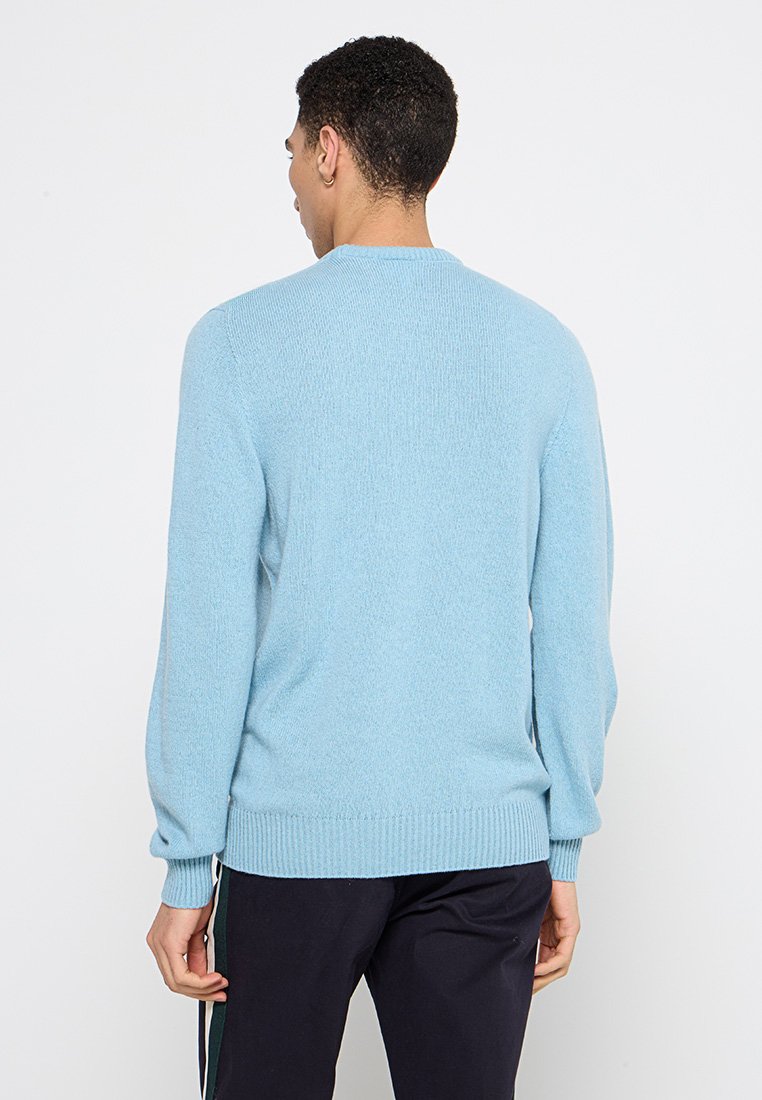 Pull en laine tricoté bleu clair, encolure ronde, poignets et ourlet côtelés, avec une texture douce et une coupe décontractée, vu de dos.