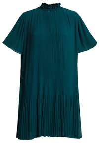 Robe plissée bleu sarcelle avec manches courtes évasées et col montant à volants.