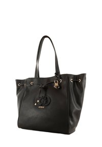 Zwarte leren totebag met gouden hardware, trekkoordsluiting, reliëflogo en dubbele schouderbanden. Geelorde afwerking doorheen.