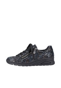Black sneaker with a floral lace pattern, featuring a zip detail, round toe, flat rubber sole, and fabric laces for adjustment.