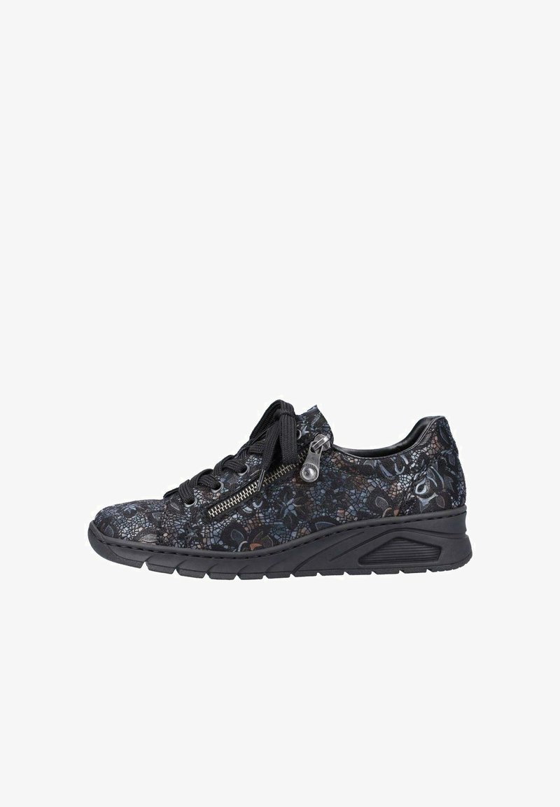 Black sneaker with a floral lace pattern, featuring a zip detail, round toe, flat rubber sole, and fabric laces for adjustment.