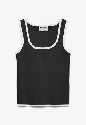 Top sin mangas de punto negro con ribete blanco en el cuello, las sisas y el dobladillo, con una etiqueta de la marca AWARE en el interior del cuello.
