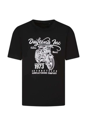 T-shirt noir avec un graphisme vintage de moto blanc et texte : « Daytona Inc Custom Motors, 1973 Société de fabrication de motos. »