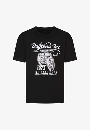 T-shirt noir avec un graphisme vintage de moto blanc et texte : « Daytona Inc Custom Motors, 1973 Société de fabrication de motos. »