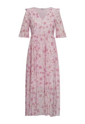 Floral maxi dress in light pink with a V-neck, short flutter sleeves, and pleated skirt. Features scattered darker pink floral patterns.