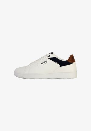 White sneaker with a smooth leather upper, navy accents on the sides, and a brown heel tab; features round laces and patterned outsole.