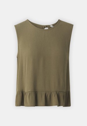 Oliivroheline ilma varrukateta pluus, millel on tekstureeritud pind, ümmargune kaelus ja lõhikuga äär. Seljal on lipsuga kinnitamine.