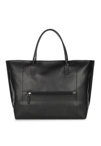 Borsa tote in pelle nera con finitura texture, manici doppi e tasca anteriore con zip. Forma rettangolare, design minimalista.