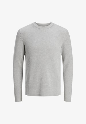 Grau gestreifter Strickpullover mit langen Ärmeln und Rundhalsausschnitt. Verfügt über eine weiche Textur und eine figurbetonte Passform. Keine sichtbaren Logos oder Muster.